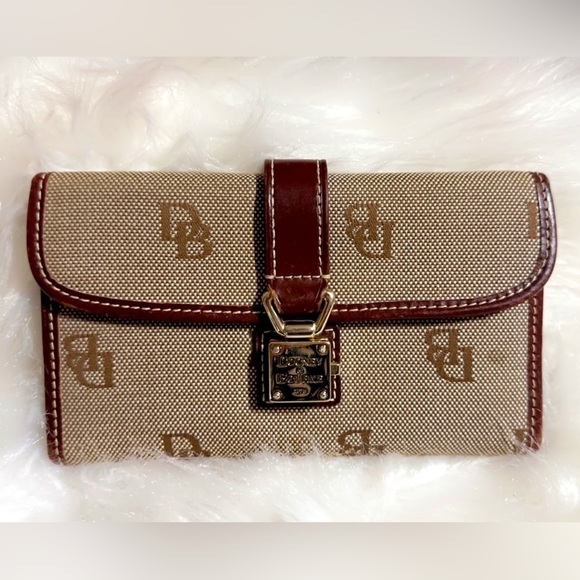 EUC Vintage 1975 Dooney & Bourke Logo Canvas Brown Leather Trim Wallet 7” X 4” - Picture 1 of 7